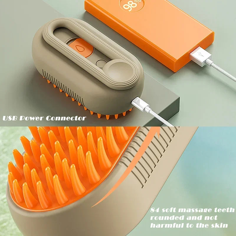 Escova Elétrica a Vapor 3 em 1 para Gatos e Cães – Massagem, Limpeza e Remoção de Pêlos