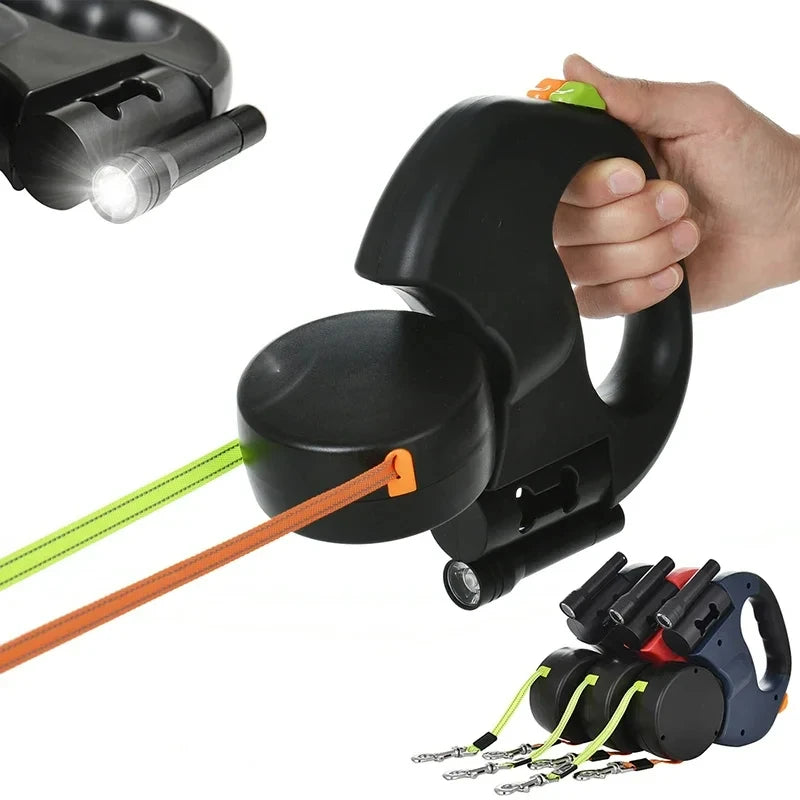 Trela Dupla Retrátil Automática de 3m para Cães – Com Lanterna LED, Dispensador de Sacos e Sistema Rotativo 360°