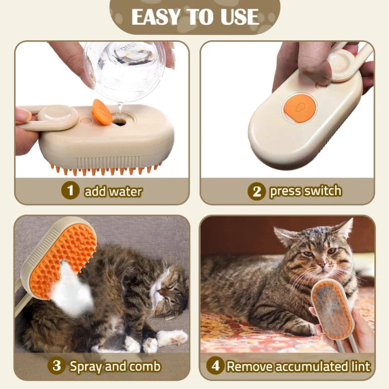 Escova Elétrica a Vapor 3 em 1 para Gatos e Cães – Massagem, Limpeza e Remoção de Pêlos