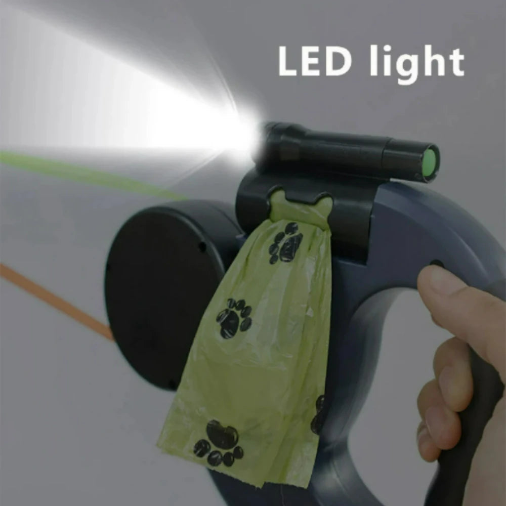 Trela Dupla Retrátil Automática de 3m para Cães – Com Lanterna LED, Dispensador de Sacos e Sistema Rotativo 360°