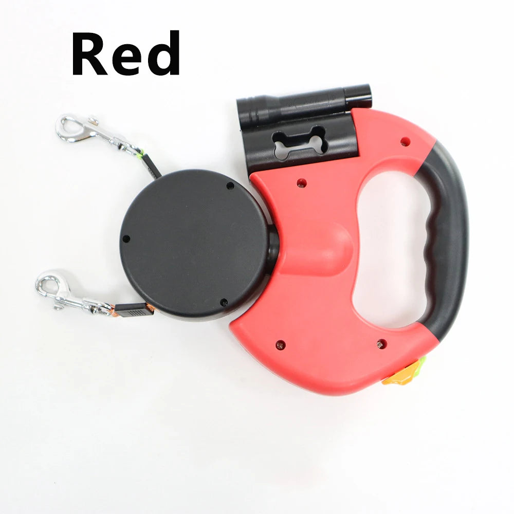 Trela Dupla Retrátil Automática de 3m para Cães – Com Lanterna LED, Dispensador de Sacos e Sistema Rotativo 360°