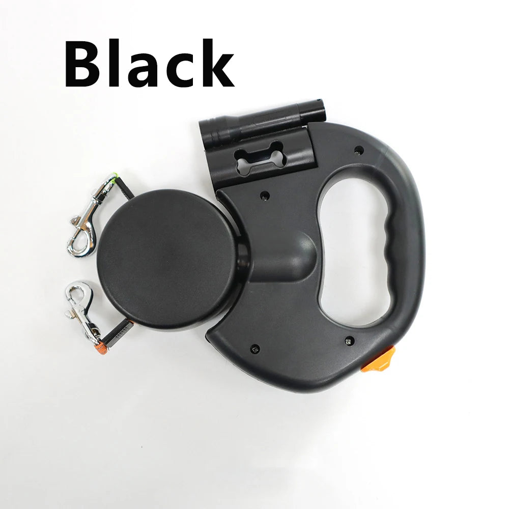 Trela Dupla Retrátil Automática de 3m para Cães – Com Lanterna LED, Dispensador de Sacos e Sistema Rotativo 360°