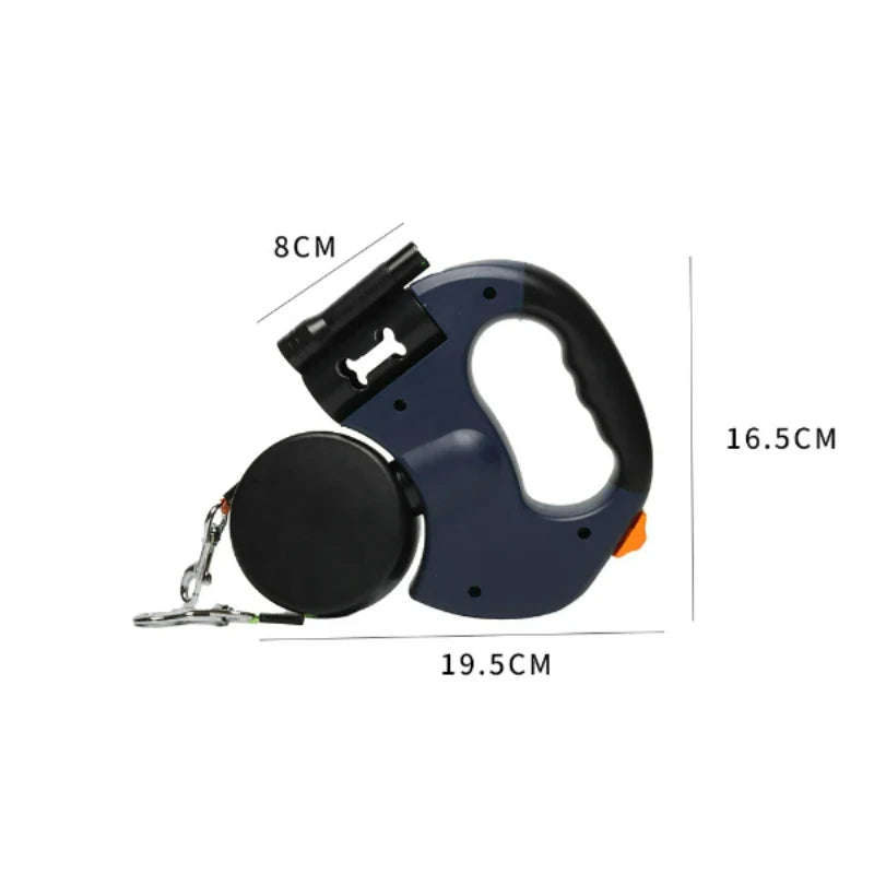 Trela Dupla Retrátil Automática de 3m para Cães – Com Lanterna LED, Dispensador de Sacos e Sistema Rotativo 360°