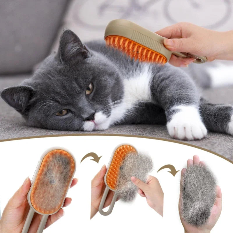Escova Elétrica a Vapor 3 em 1 para Gatos e Cães – Massagem, Limpeza e Remoção de Pêlos