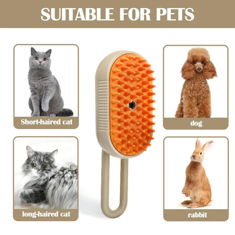 Escova Elétrica a Vapor 3 em 1 para Gatos e Cães – Massagem, Limpeza e Remoção de Pêlos