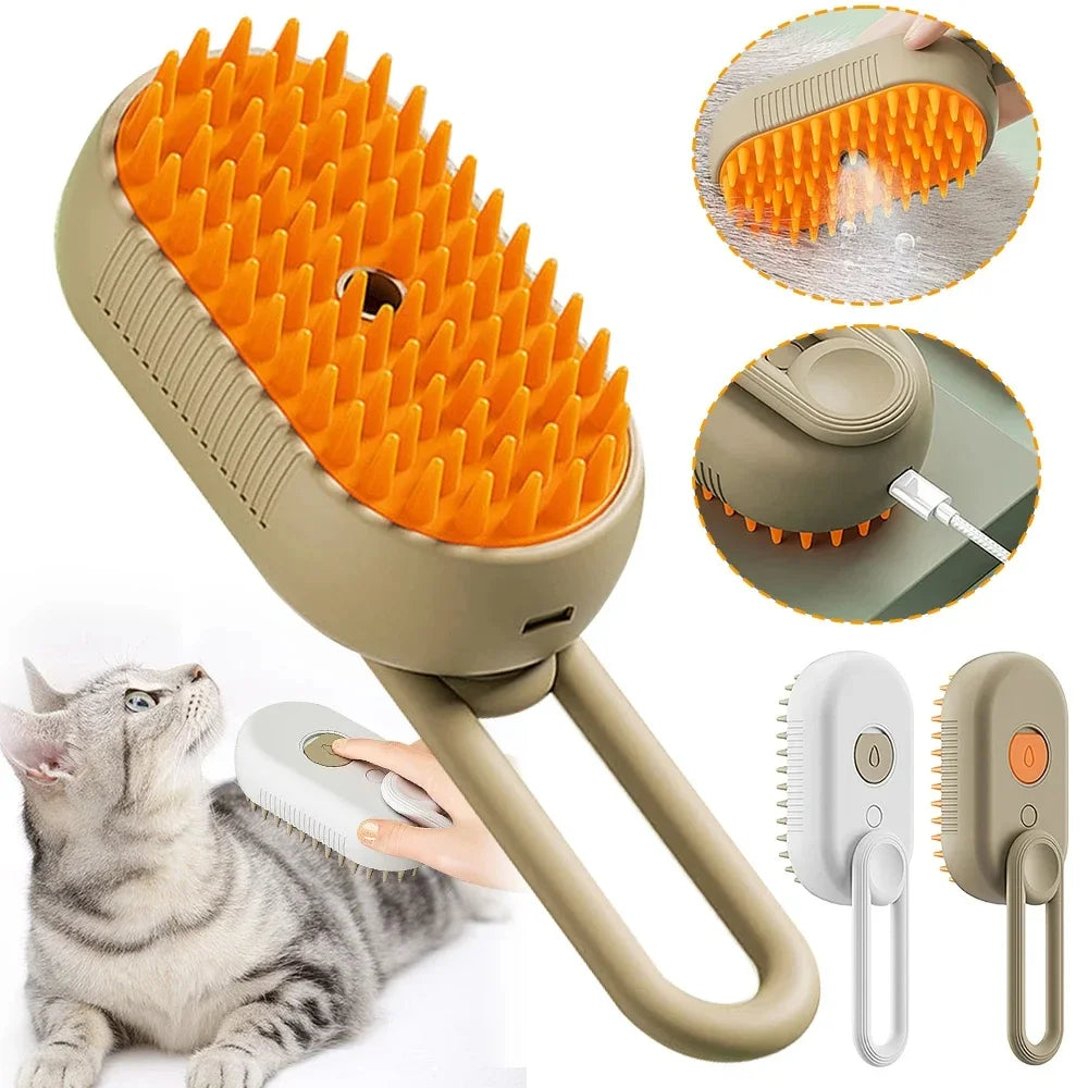 Escova Elétrica a Vapor 3 em 1 para Gatos e Cães – Massagem, Limpeza e Remoção de Pêlos
