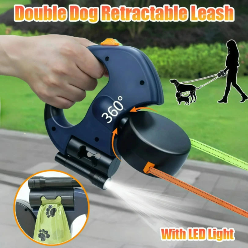 Trela Dupla Retrátil Automática de 3m para Cães – Com Lanterna LED, Dispensador de Sacos e Sistema Rotativo 360°